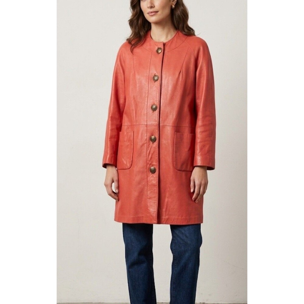 Vintage Womens Red Leather Trench Coat Full Length Retro Boho Large